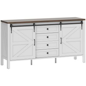 HOMCOM 59" Buffet Cabinet, Farmhouse Sideboard with Thick Top, 2 Barn Doors, 4 Drawers and 2 Adjustable Shelves, White